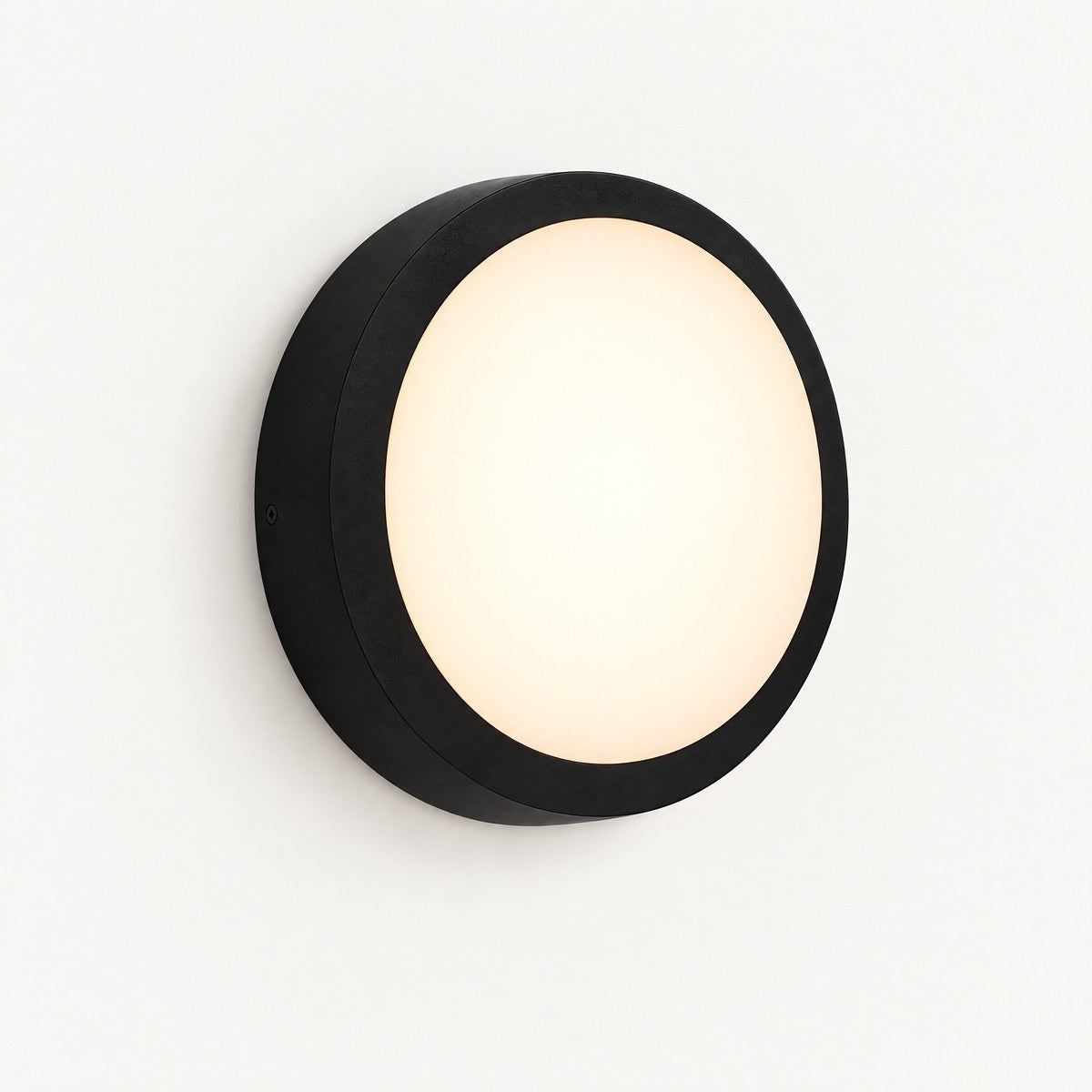 Pallo round outdoor LED wall light with black ring frame and frosted diffuser, lit