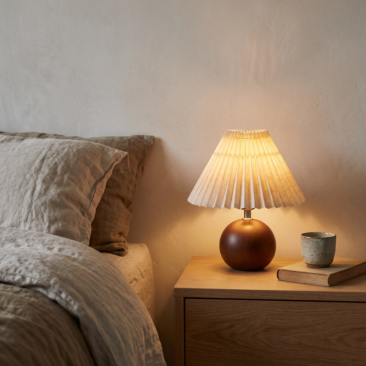 Plisa pleated table lamp glowing on an oak bedside table beside a linen bed