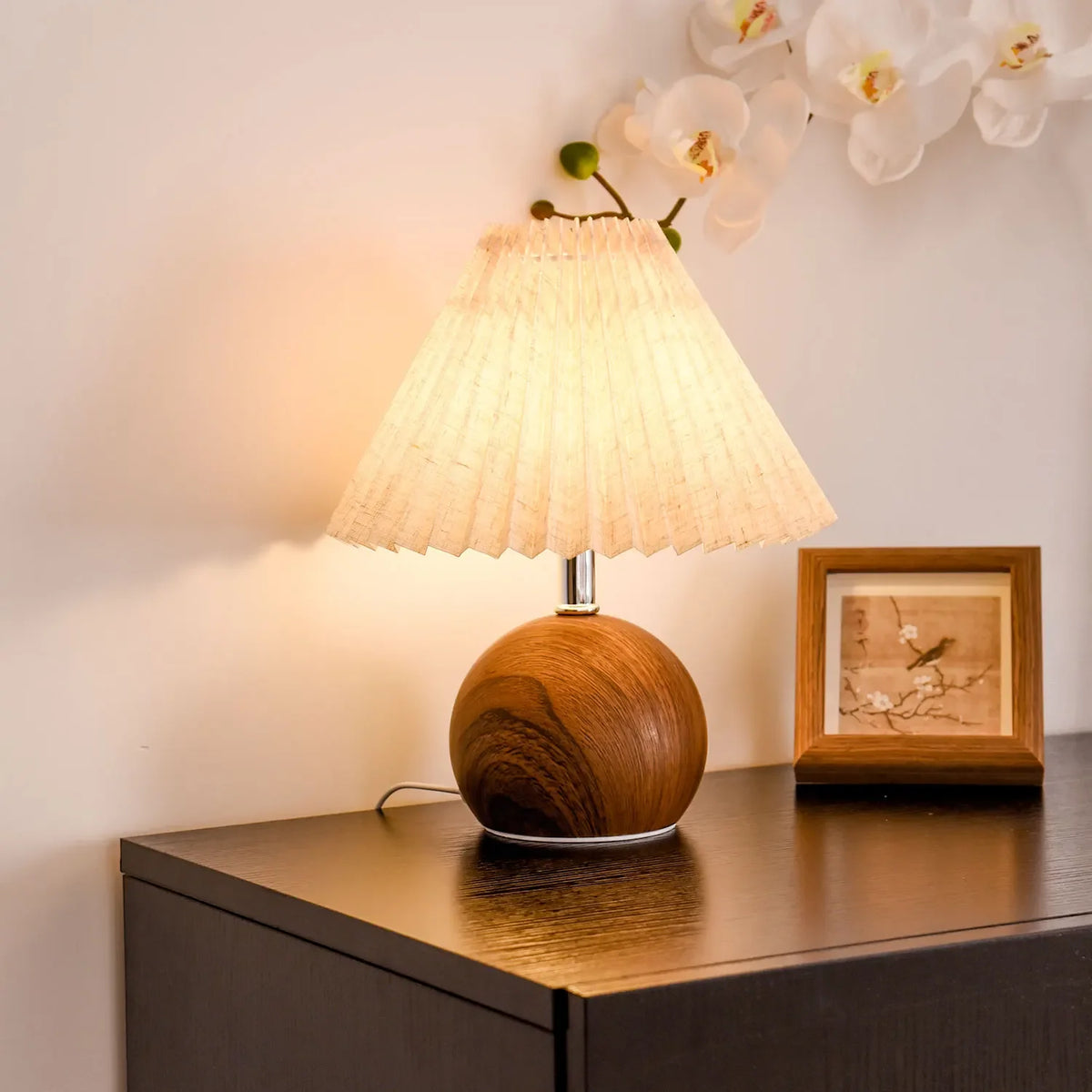 Plisa Pleated Table Lamp with Wood-Effect Globe Base – photo 1