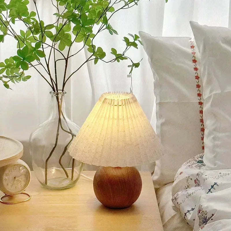 Plisa Pleated Table Lamp with Wood-Effect Globe Base – photo 2