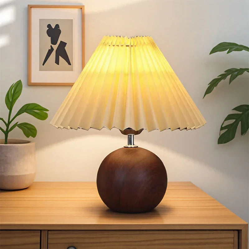 Plisa Pleated Table Lamp with Wood-Effect Globe Base – photo 4