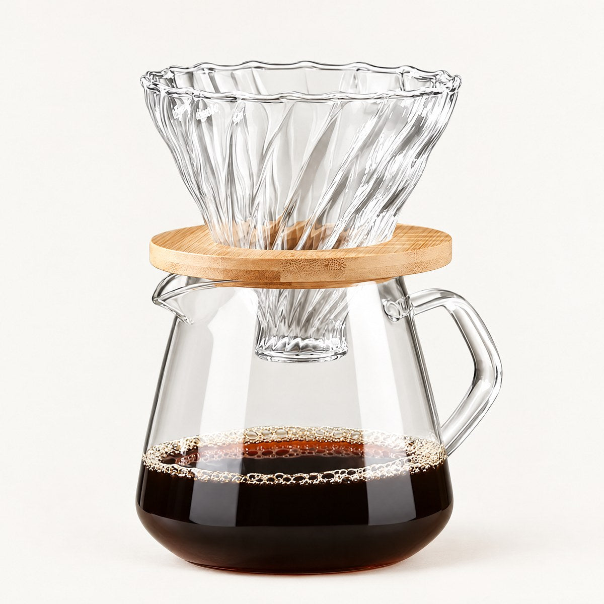Pura glass pour-over coffee set with ribbed dripper, bamboo holder and sharing pot