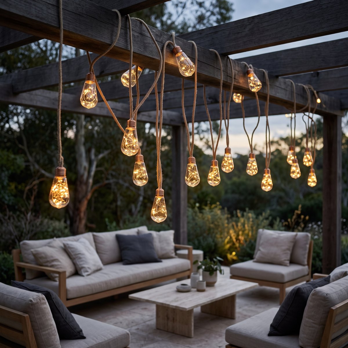 Solstice solar string lights draped across a pergola over a terrace at dusk