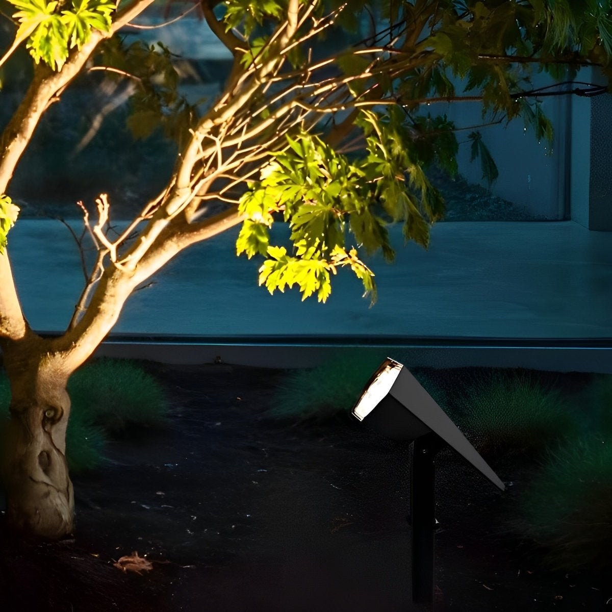 Sunpeak solar spotlight lighting a tree in the garden at night