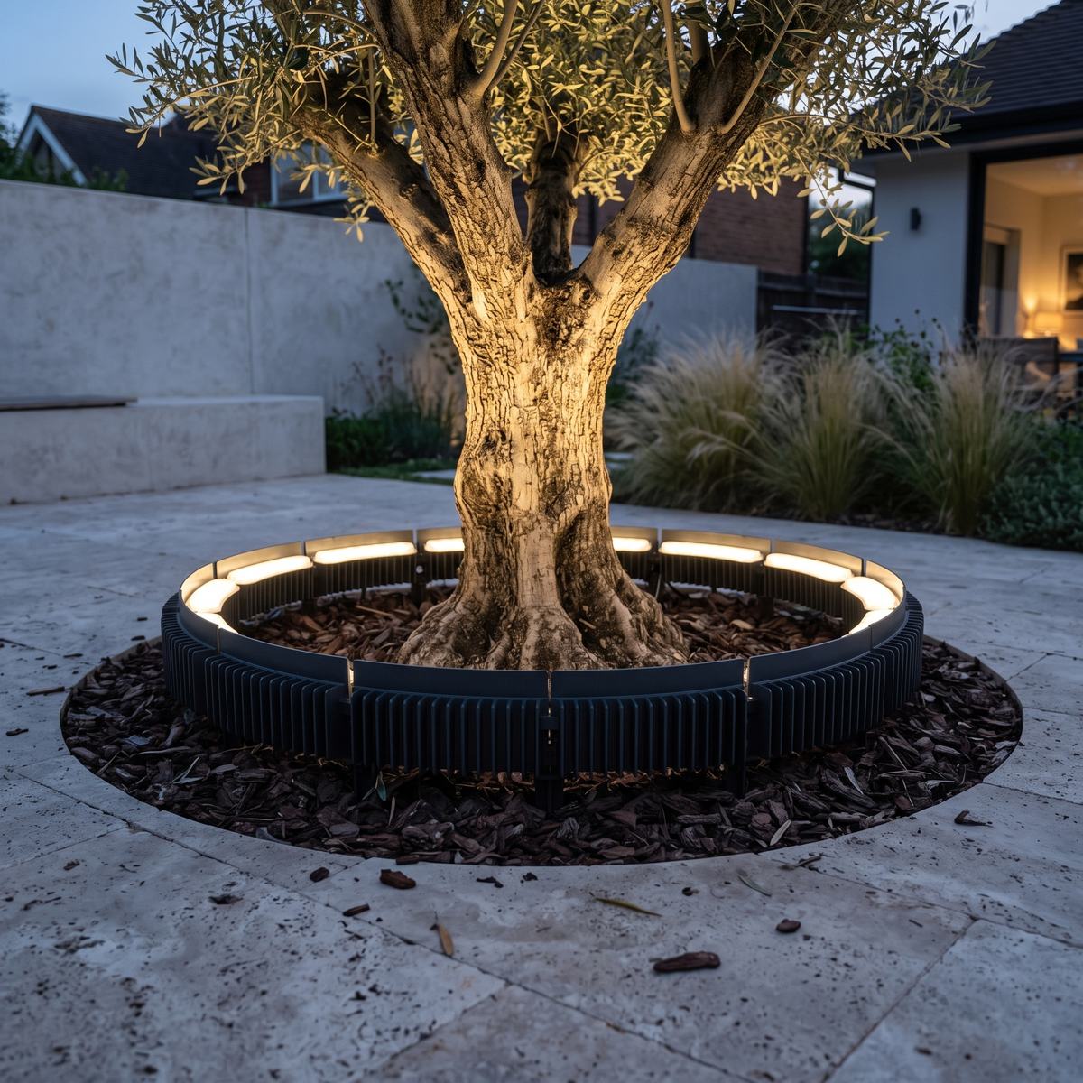Torus arc LED lights forming a ring around an olive tree trunk, shining inwards to uplight the tree at dusk