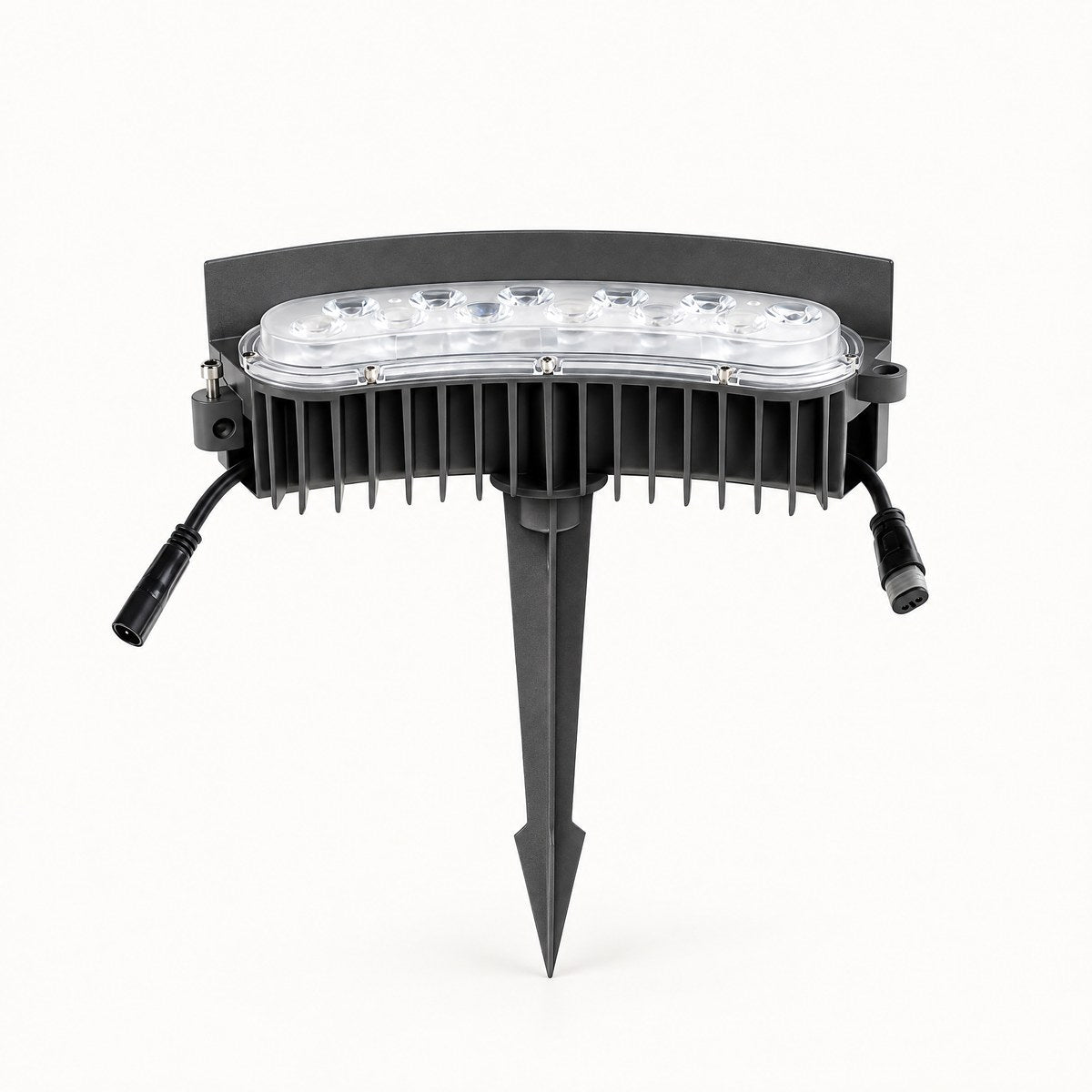 Torus black aluminium arc LED garden light with ground spike on white background