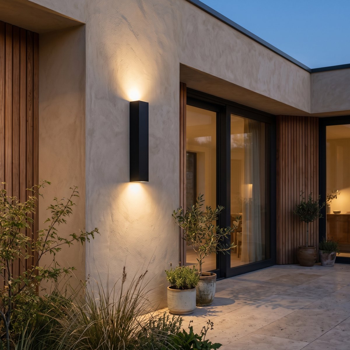 Totem up and down outdoor wall lights glowing on a contemporary home exterior at dusk