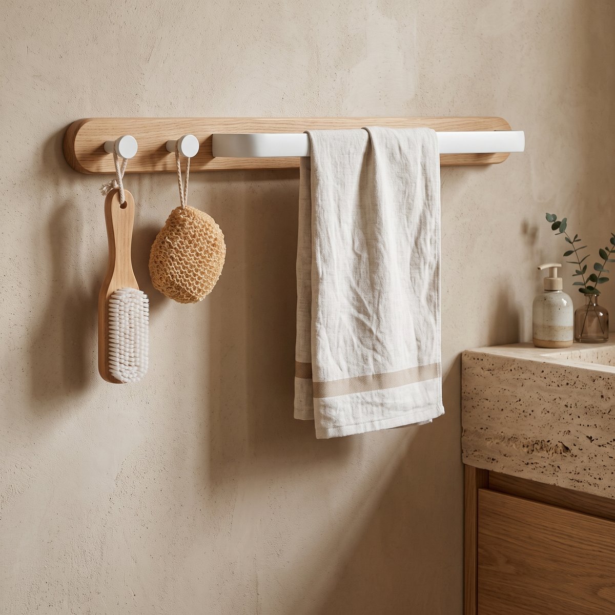 Tove wooden towel rail with towel and loofah beside a travertine basin