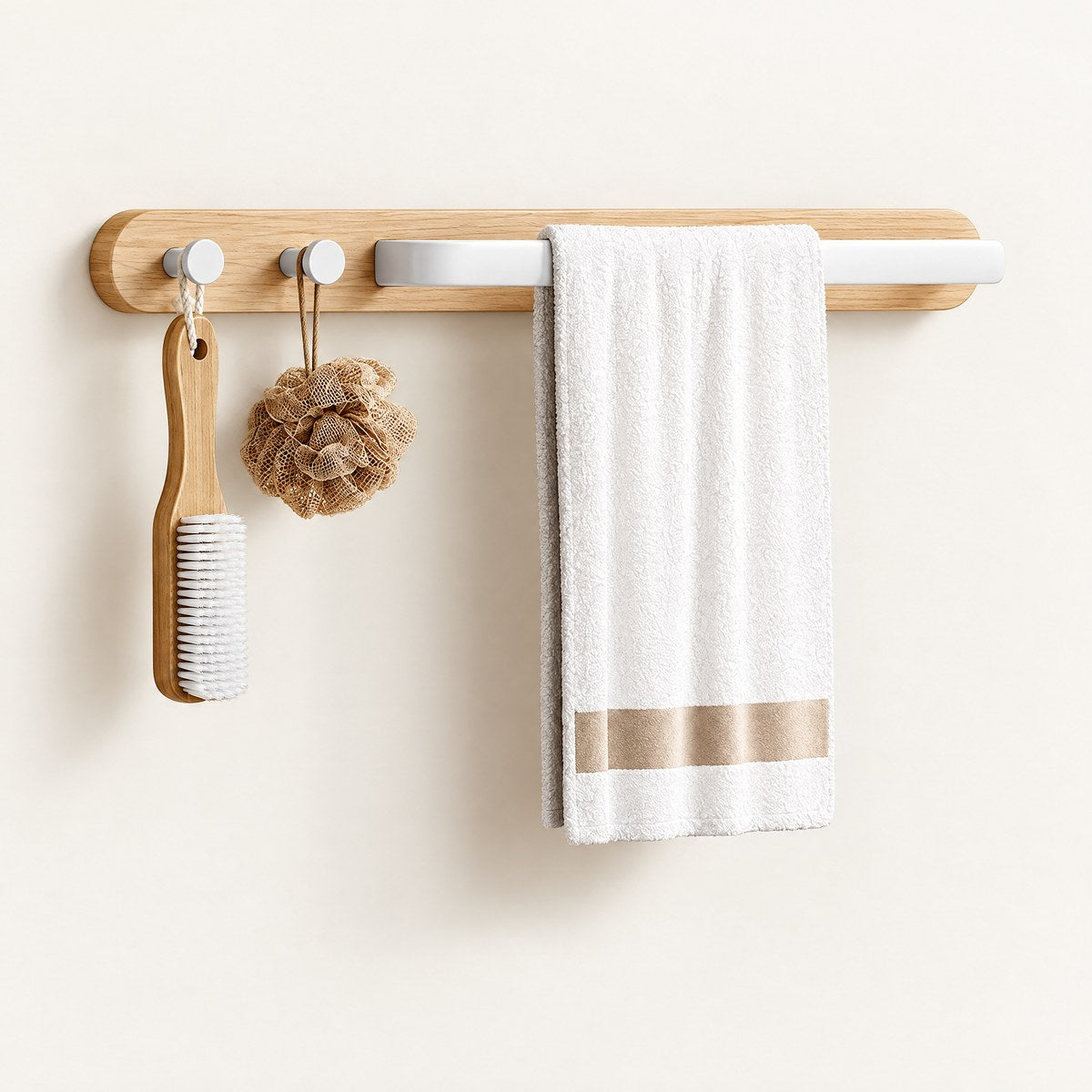 Tove wooden towel rail with white bar and two hooks holding a white towel