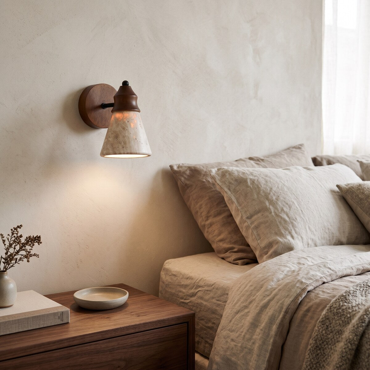 Tufa travertine wall light glowing above a walnut bedside table