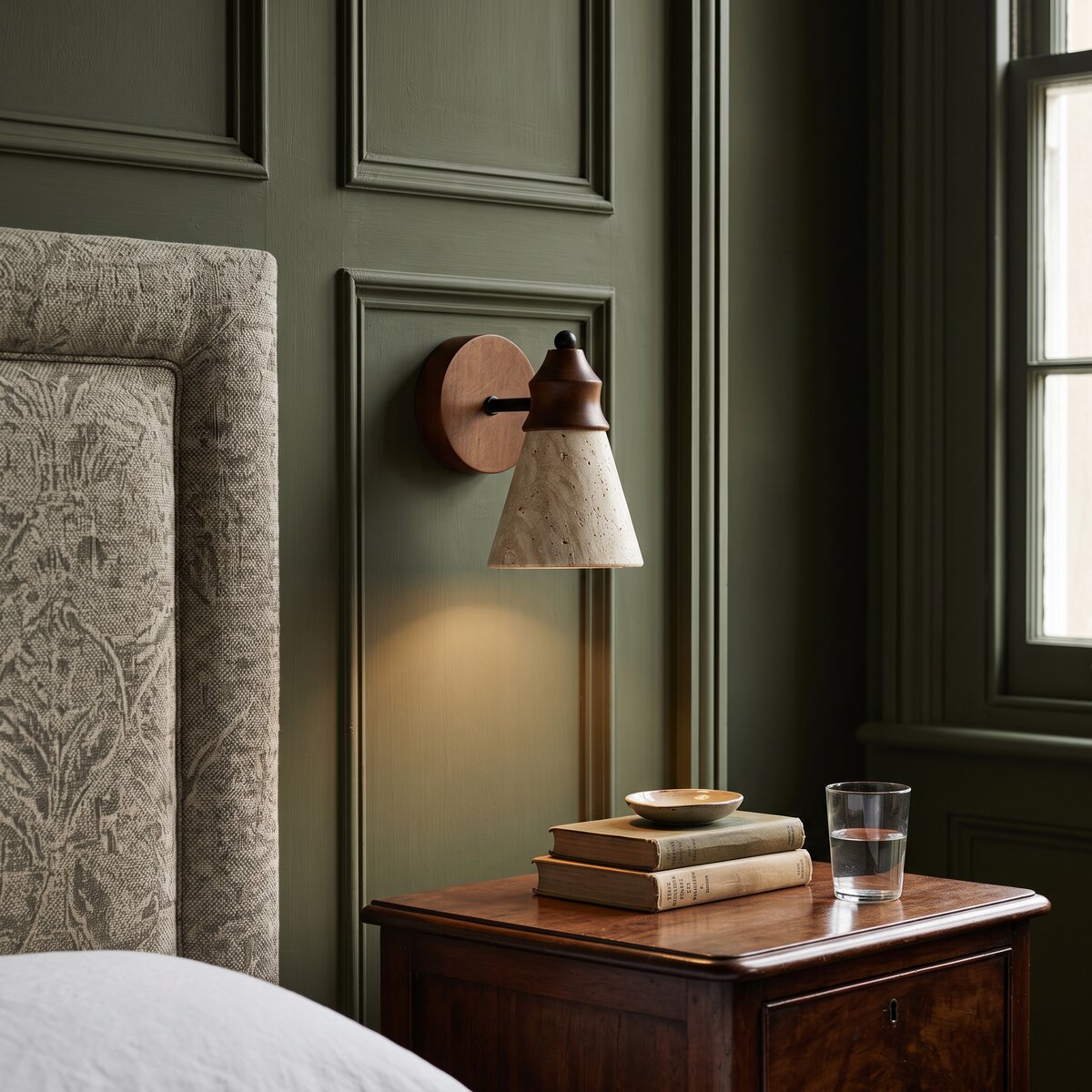 Tufa travertine wall light on an olive-green panelled bedroom wall beside an antique bedside table
