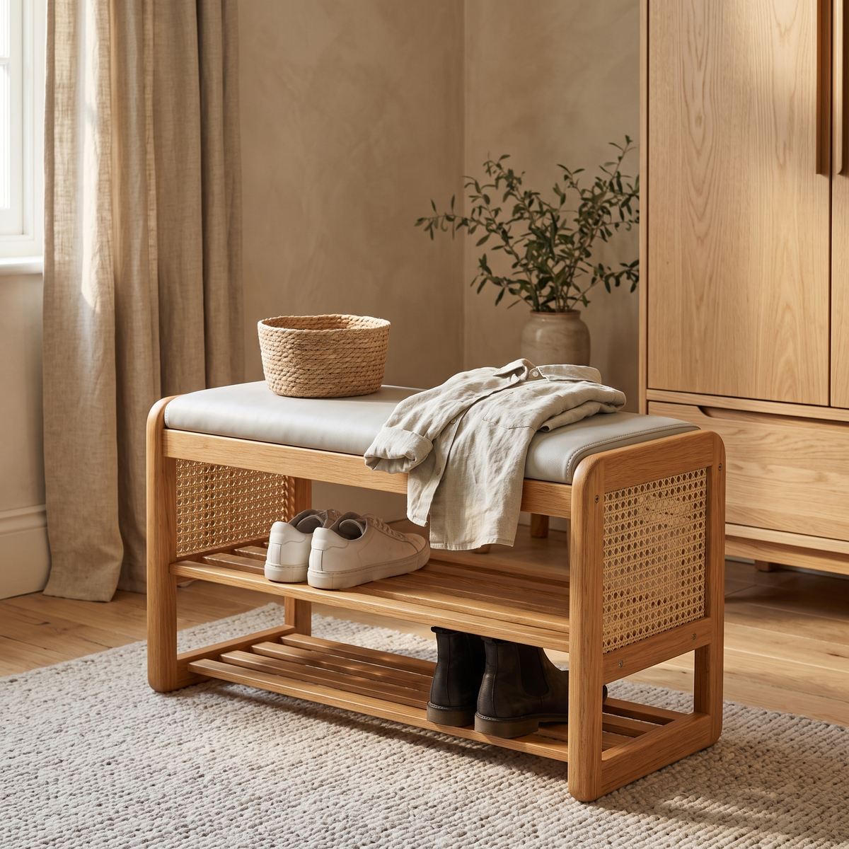 Varello rattan shoe bench beside an oak wardrobe in a sunlit bedroom