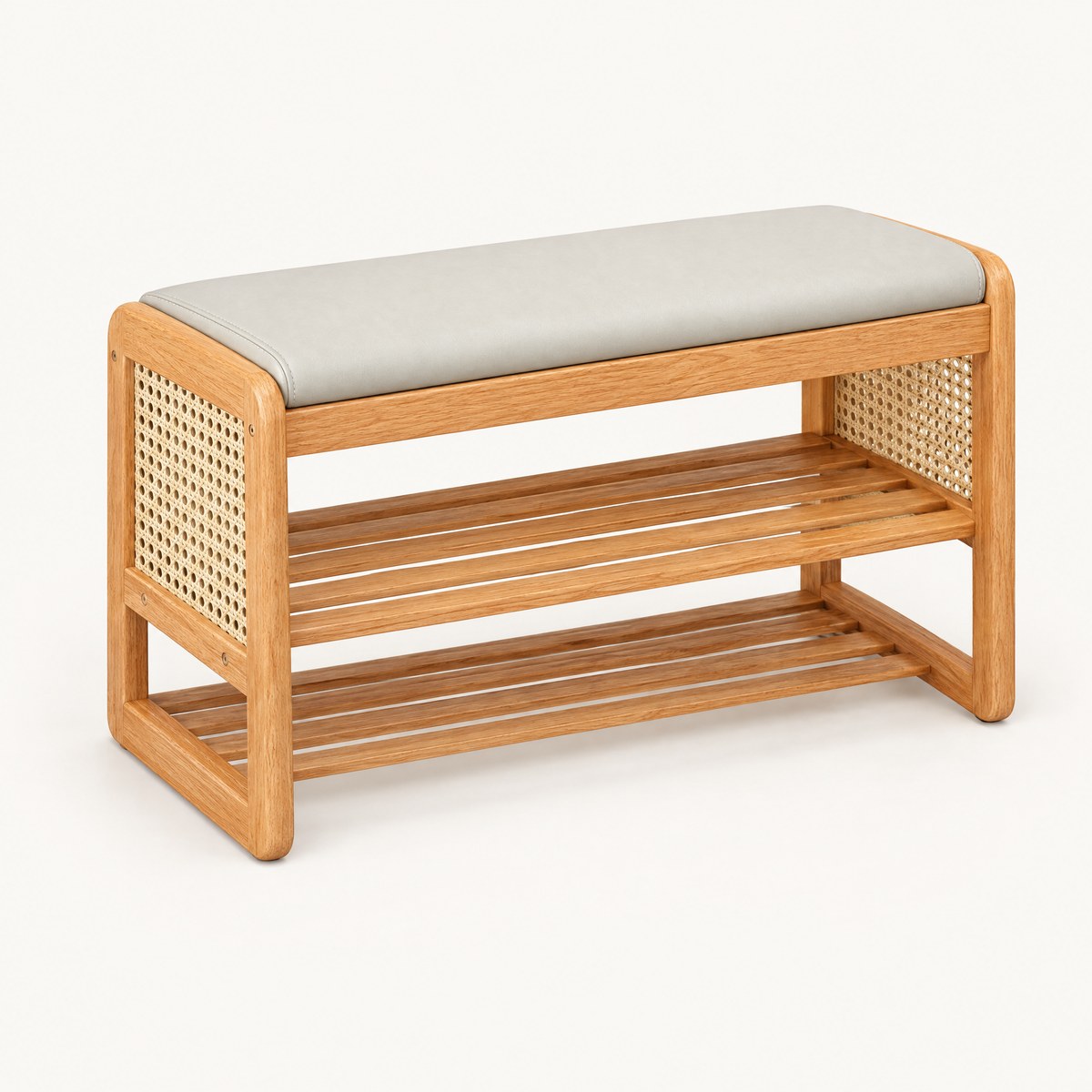 Varello oak shoe bench with woven rattan side panels and padded seat on white background