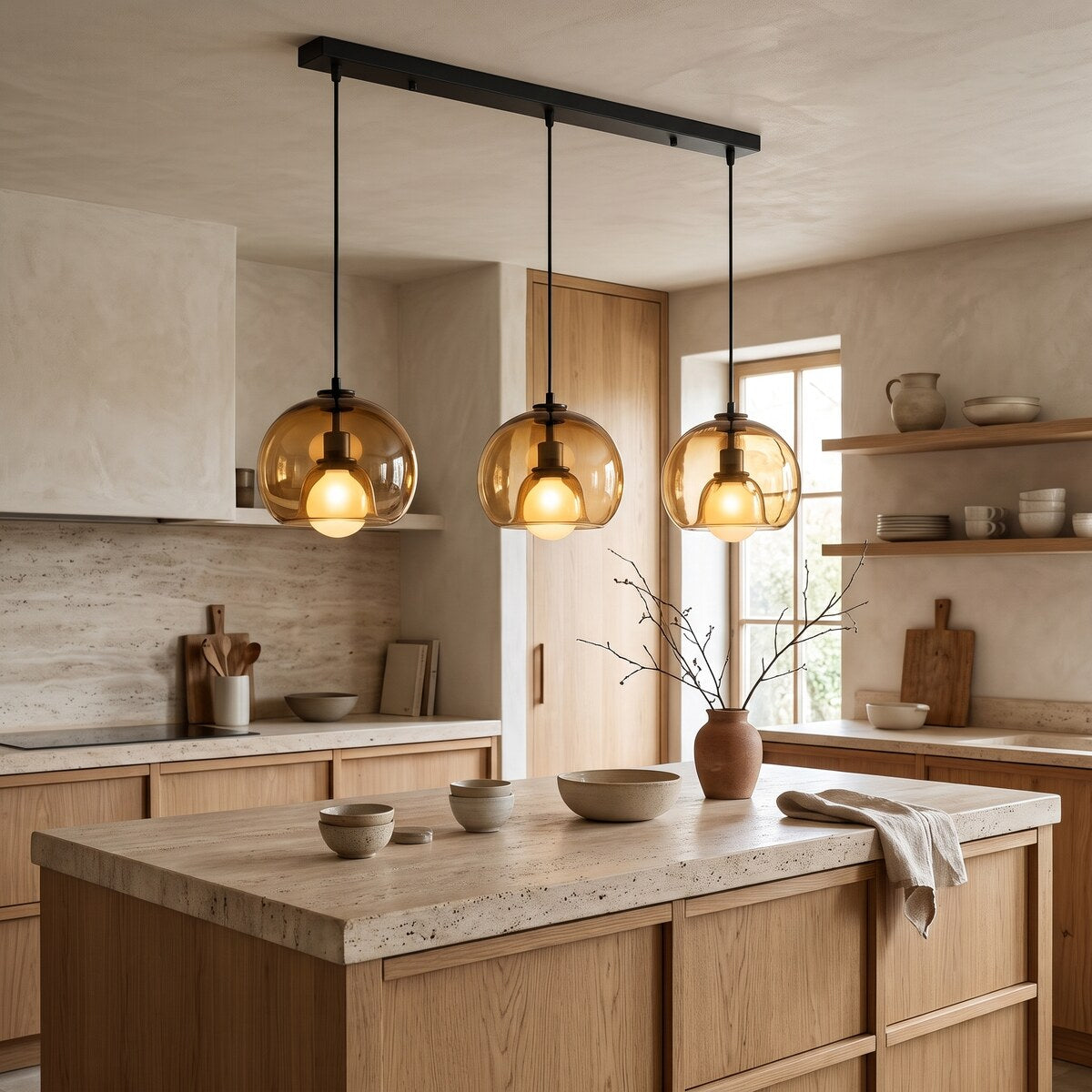 Vika 3-light amber glass pendant bar glowing over an oak kitchen island