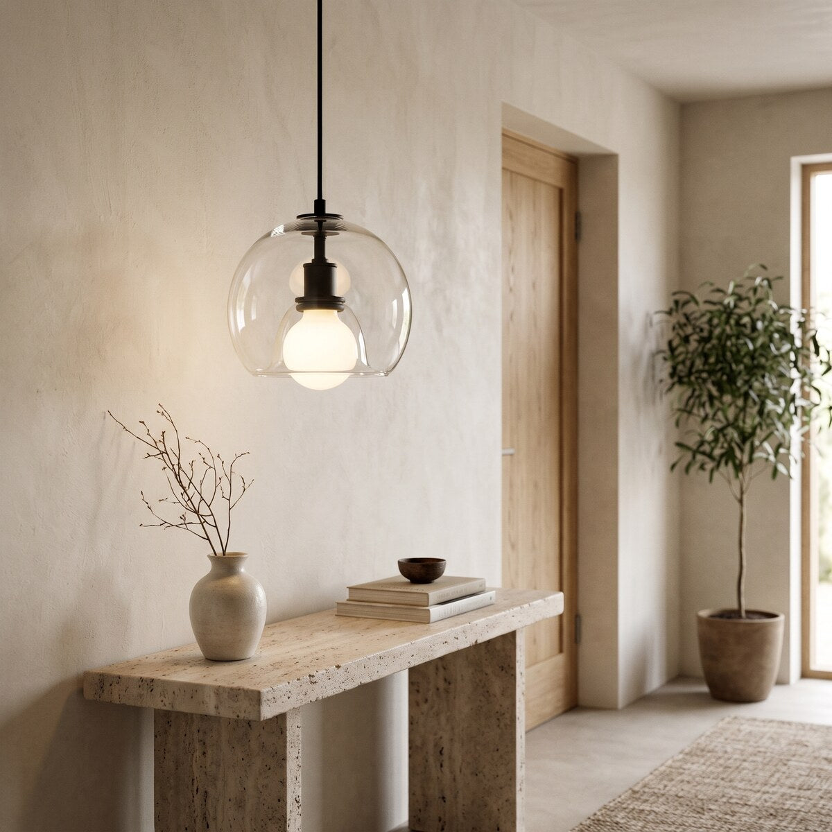 Vika clear glass dome pendant light glowing in an entrance hall