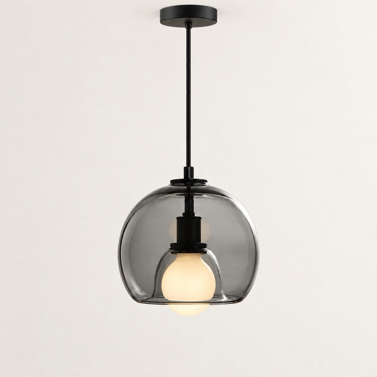 Vika smoke grey glass dome pendant light with frosted globe bulb